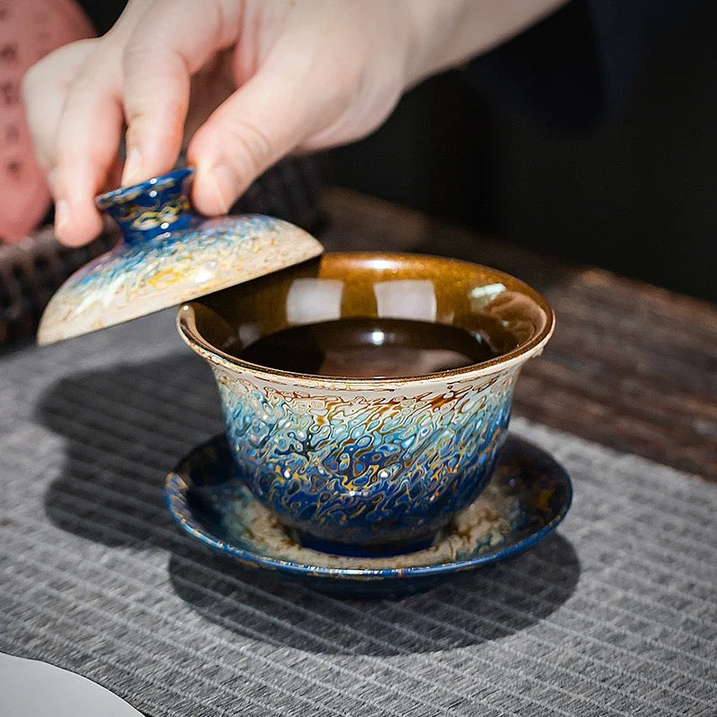 Gradient Blue Spiral Three Talents gaiwan
